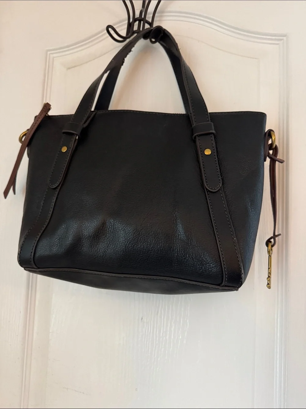 Fossil Black Leather Satchel with Brown Strap Accent